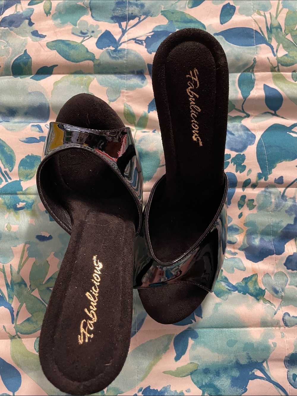 Fabulicious Black Patent Open-Toe Slide Heels